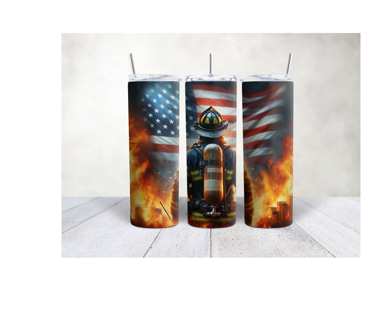 20oz Firefighter with flames & American flag tumbler