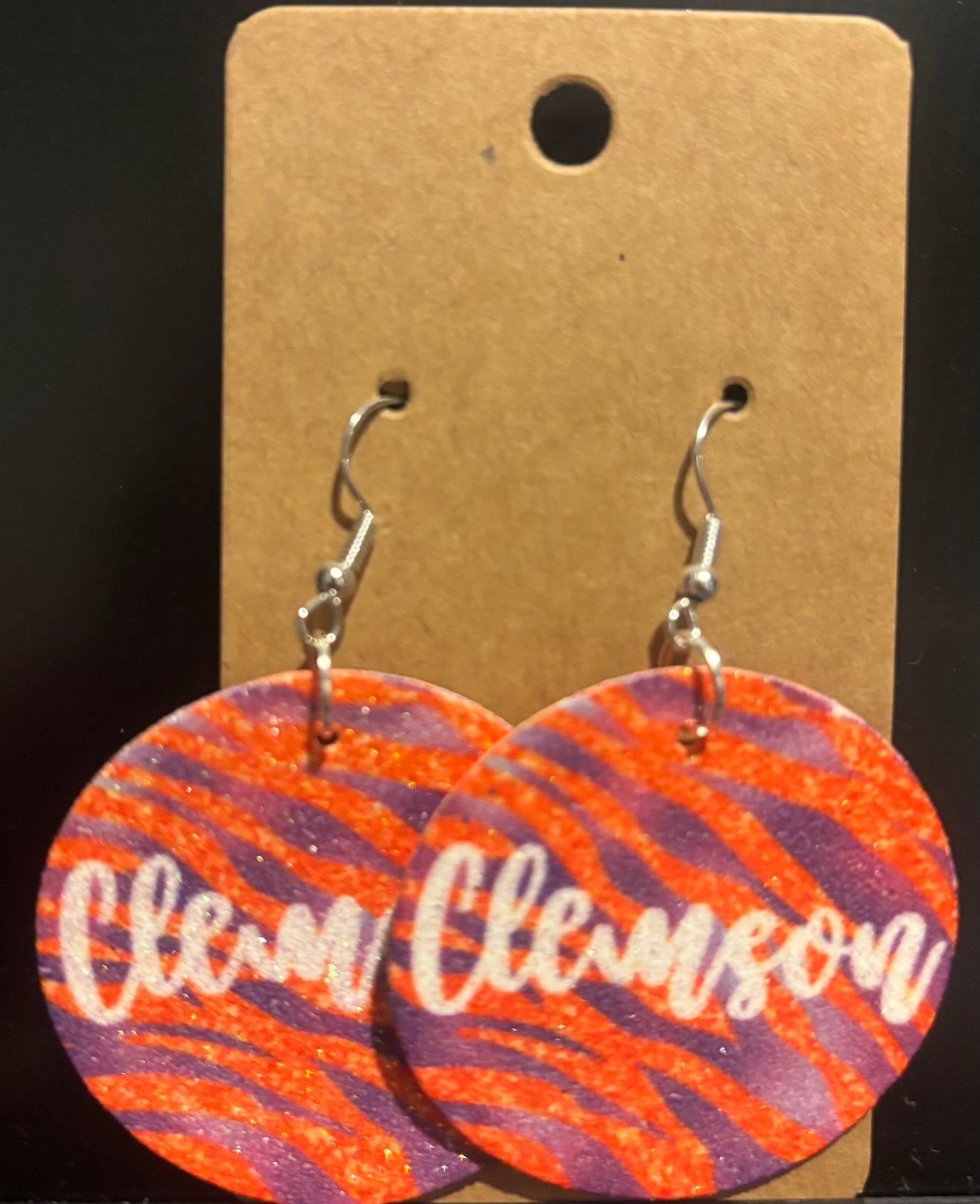 Earrings double sided faux leather round clemson orange and purple