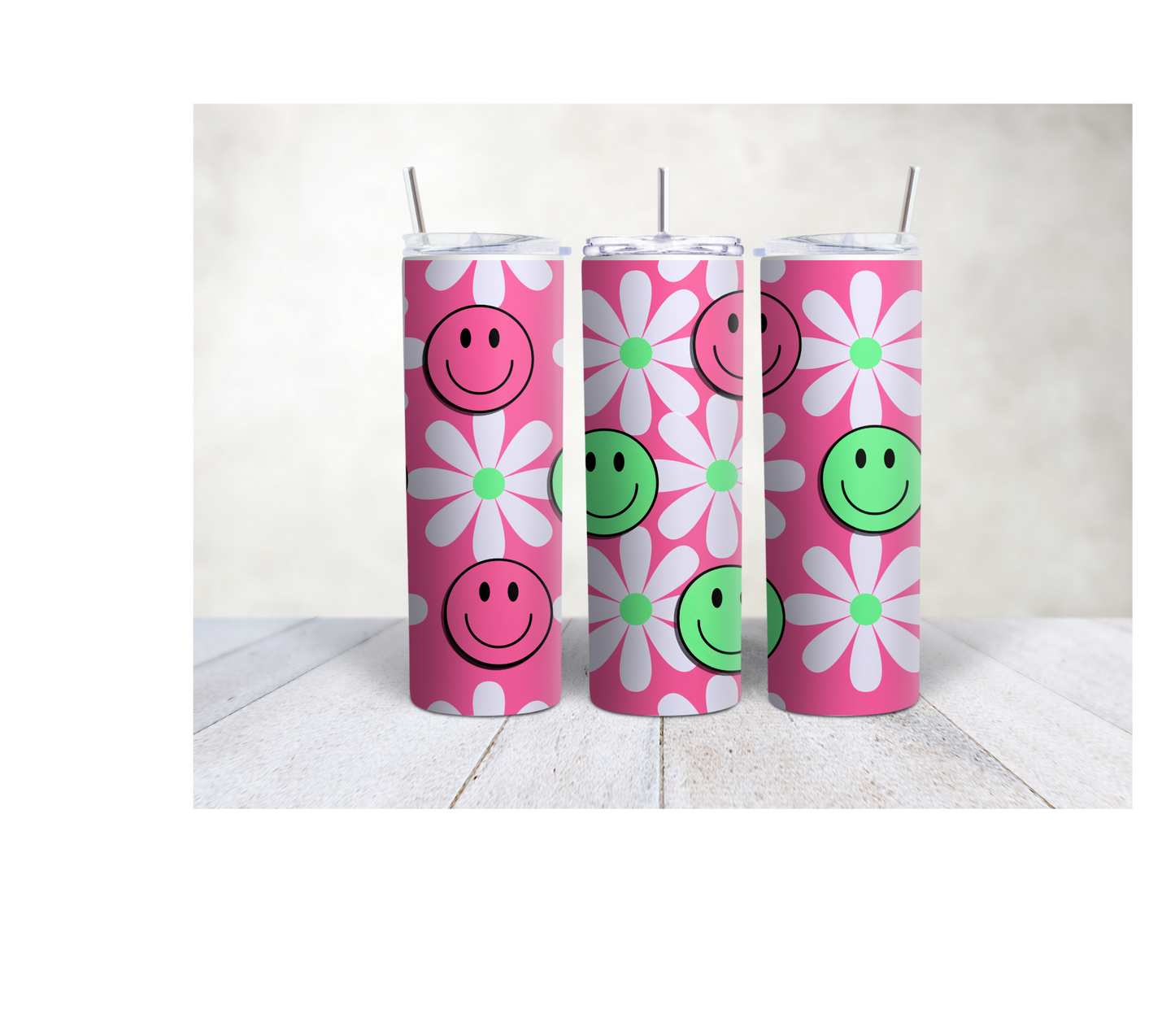 20oz Pink & Green Smiley face tumbler