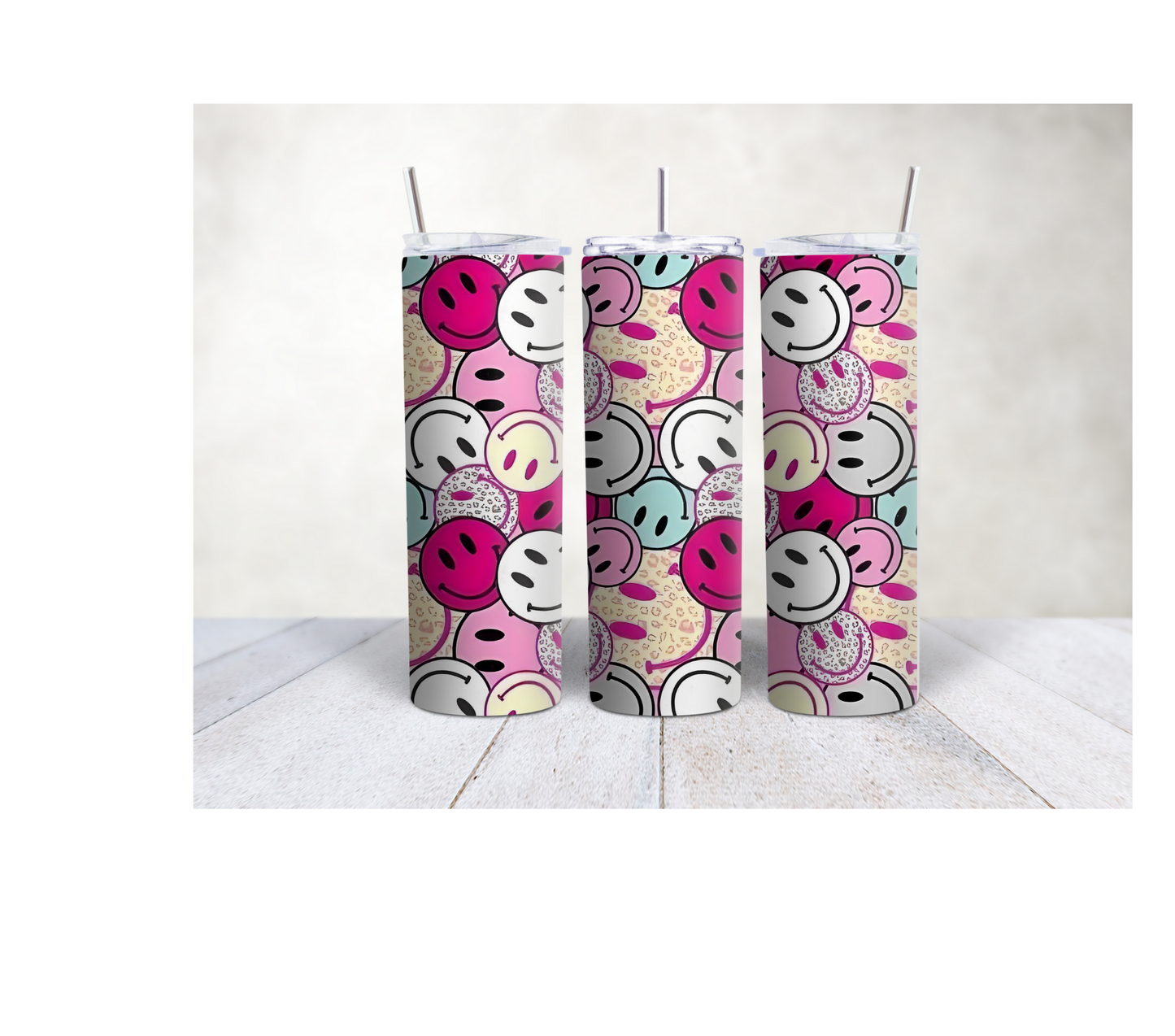 20oz Pink, Yellow, & Blue Smiley face tumbler