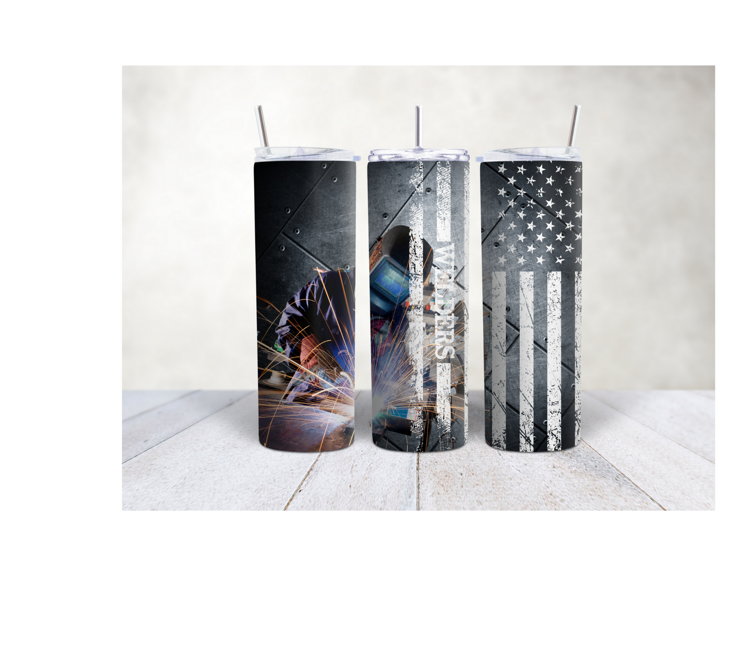 20oz Welder with white American flag tumbler