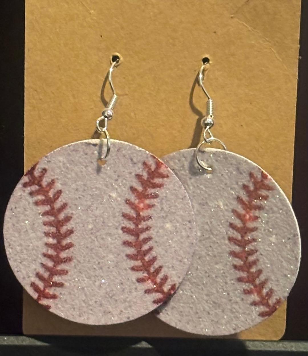 Baseball round faux leather glitter earrings double sided