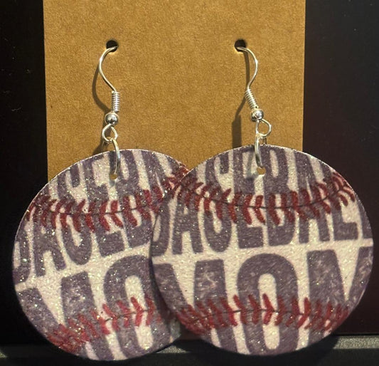 Baseball Mom round faux leather glitter double sided earrings