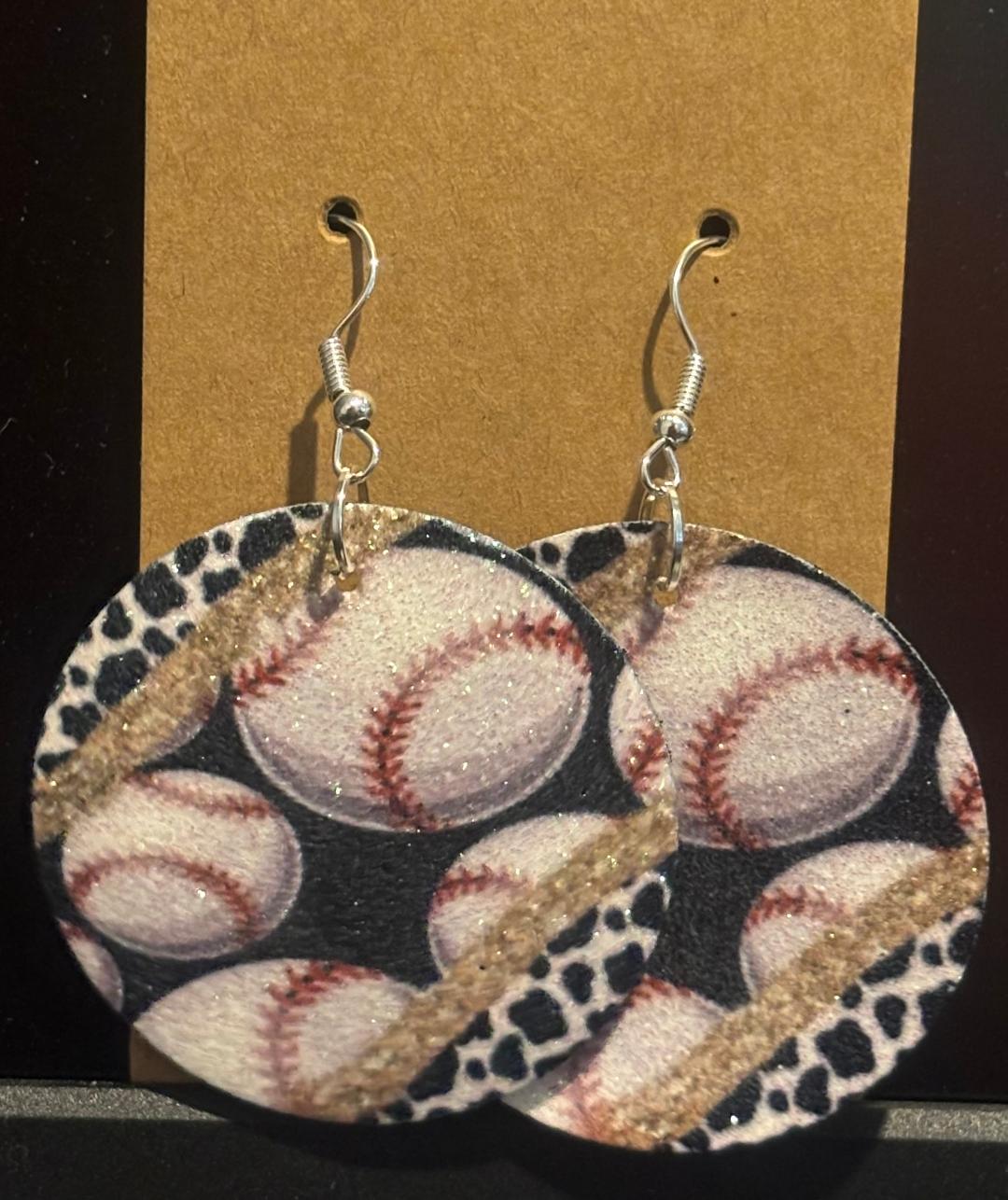 Baseball and cowprint round faux leather glitter earrings double sided