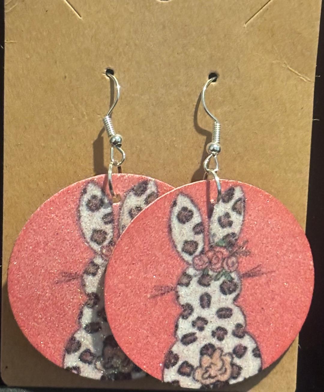Round Bunny Earrings double sided faux leather glitter earrings