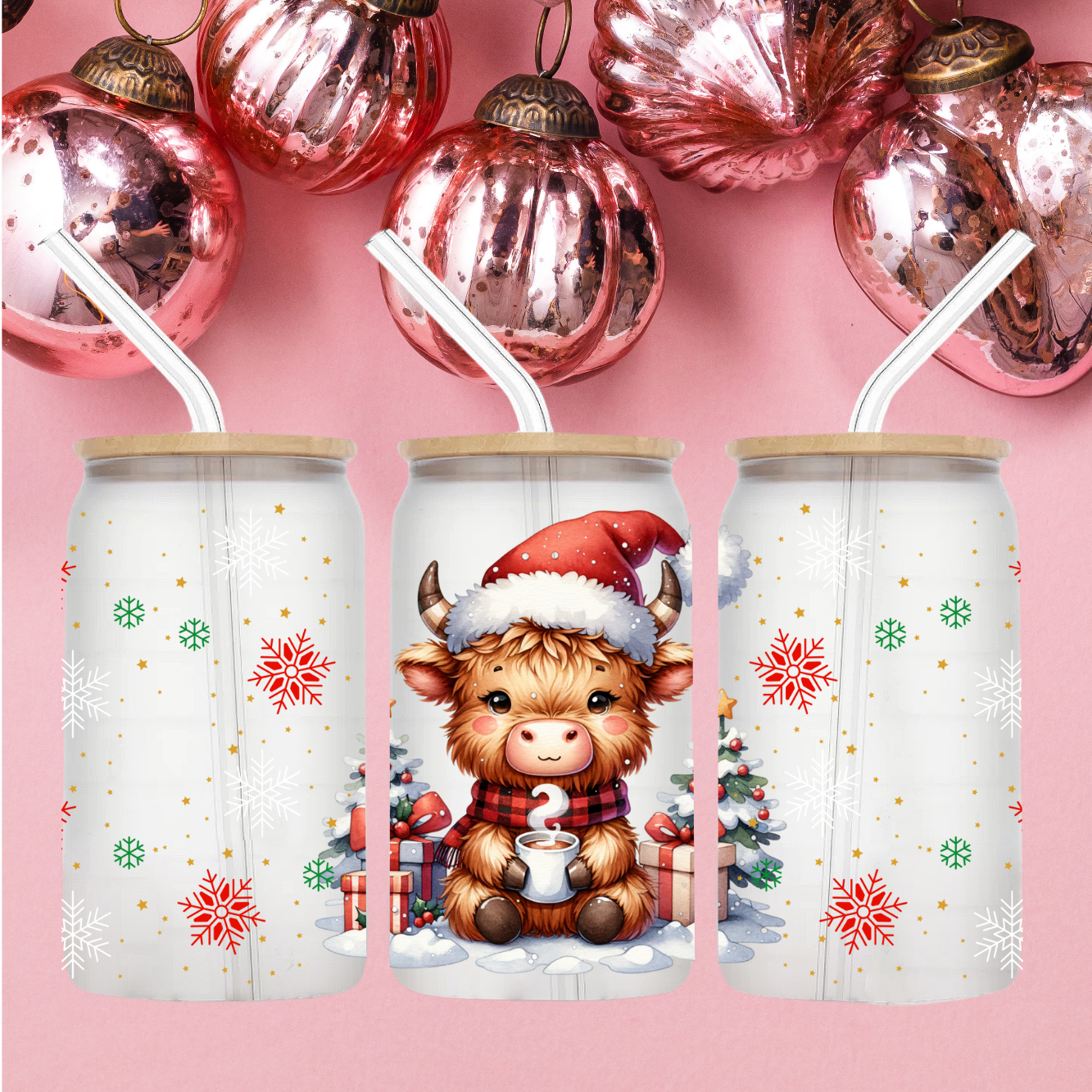 16oz Glass tumbler Christmas Highland Cow