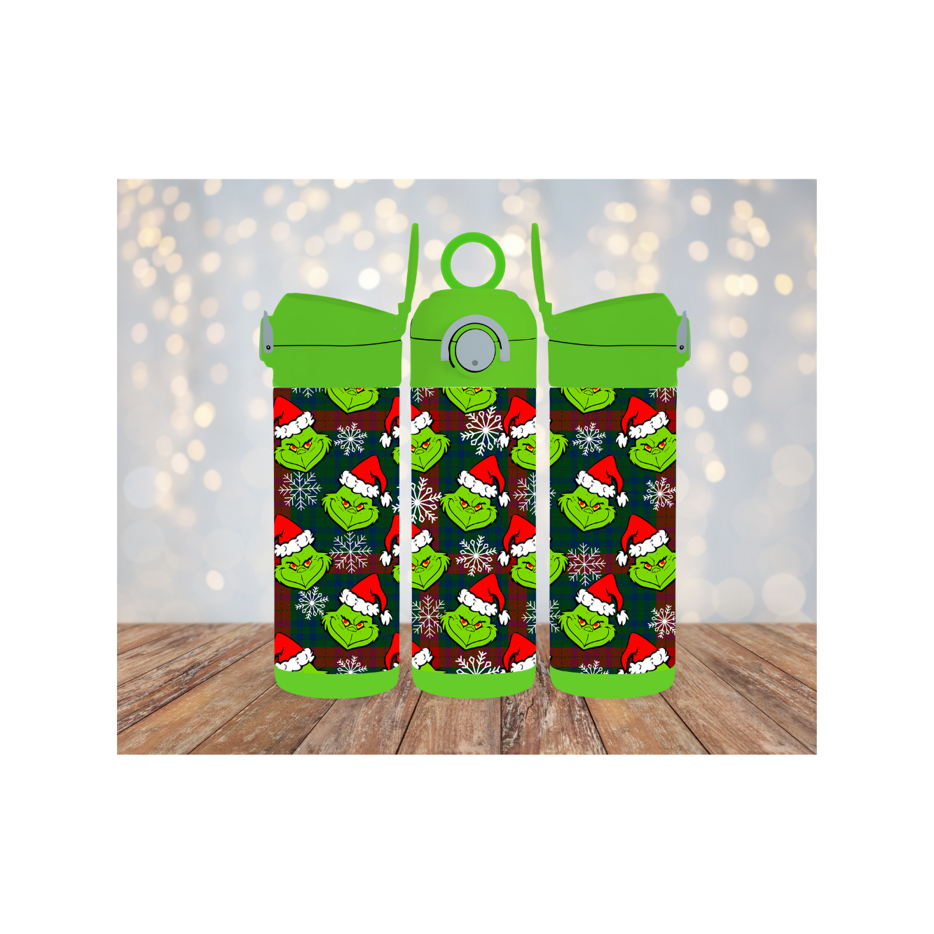 12oz kids Flip top waterbottle Christmas Grinch Plaid