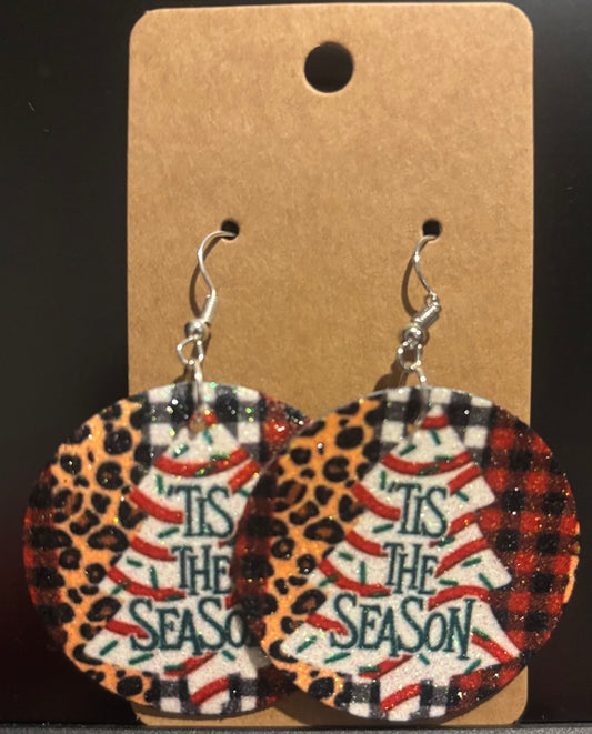 Earrings double sided faux leather round Christmas Tree Tis the season