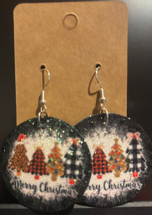 Earrings double sided faux leather round black Merry Christmas