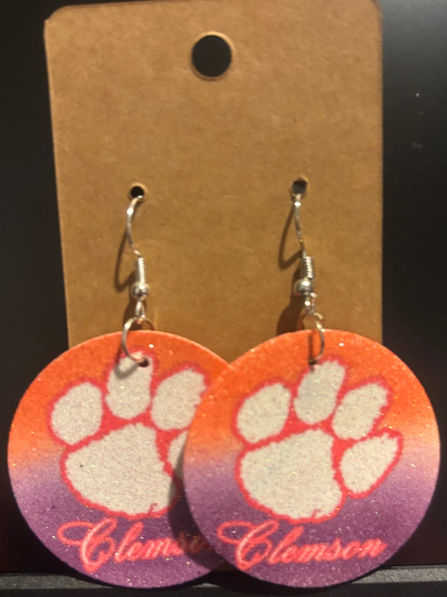 Earrings double sided faux leather round  Clemson paw football