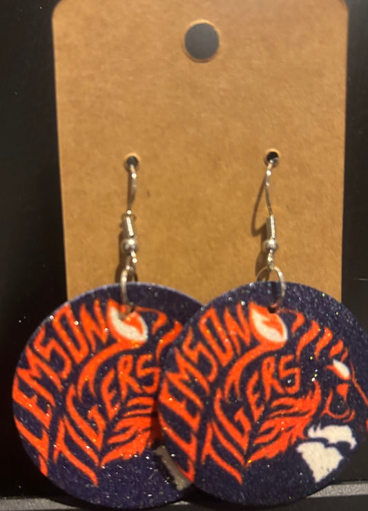 Earrings double sided faux leather round purple and orange clemson tiger football