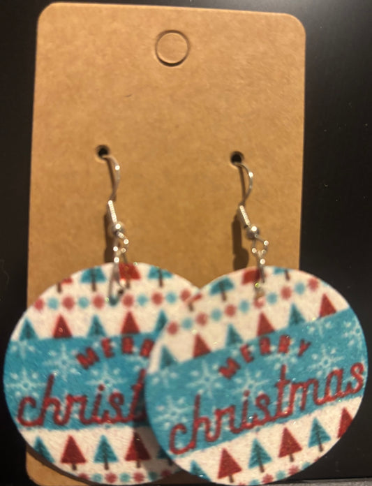 Earrings double sided faux leather round Merry Christmas red and blue