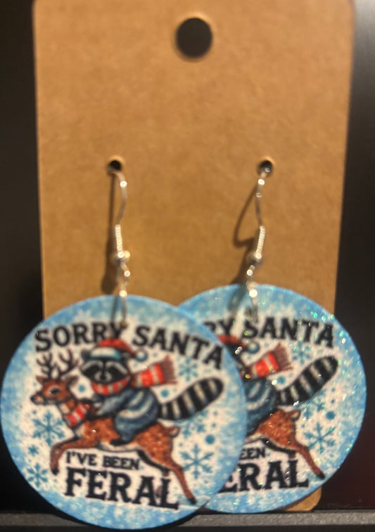Earrings double sided faux leather round Ive been feral Santa Christmas