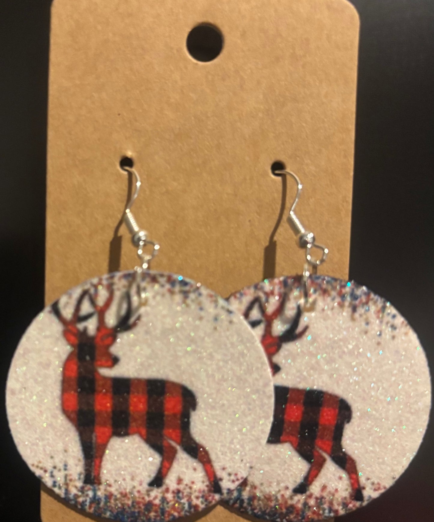 Earrings double sided faux leather round plaid deer christmas