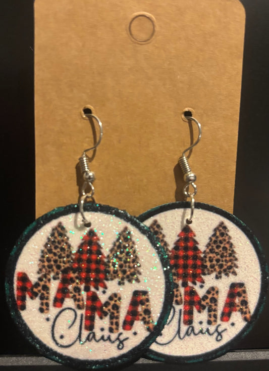 Earrings double sided faux leather round MAMA Claus Christmas