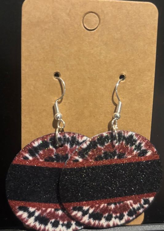 Earrings double sided faux leather round  Garnet and Black