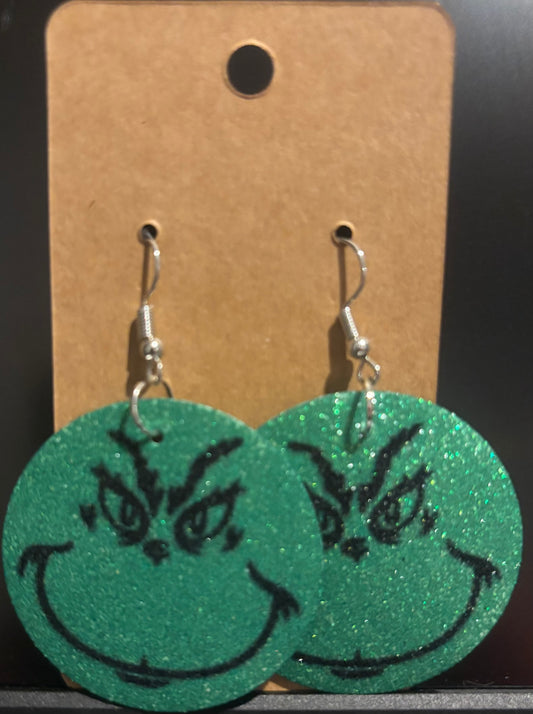 Earrings double sided faux leather round Green Grinch Christmas