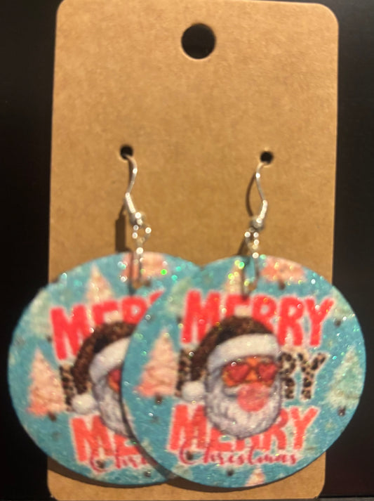 Earrings double sided faux leather round Merry Merry Merry Christmas