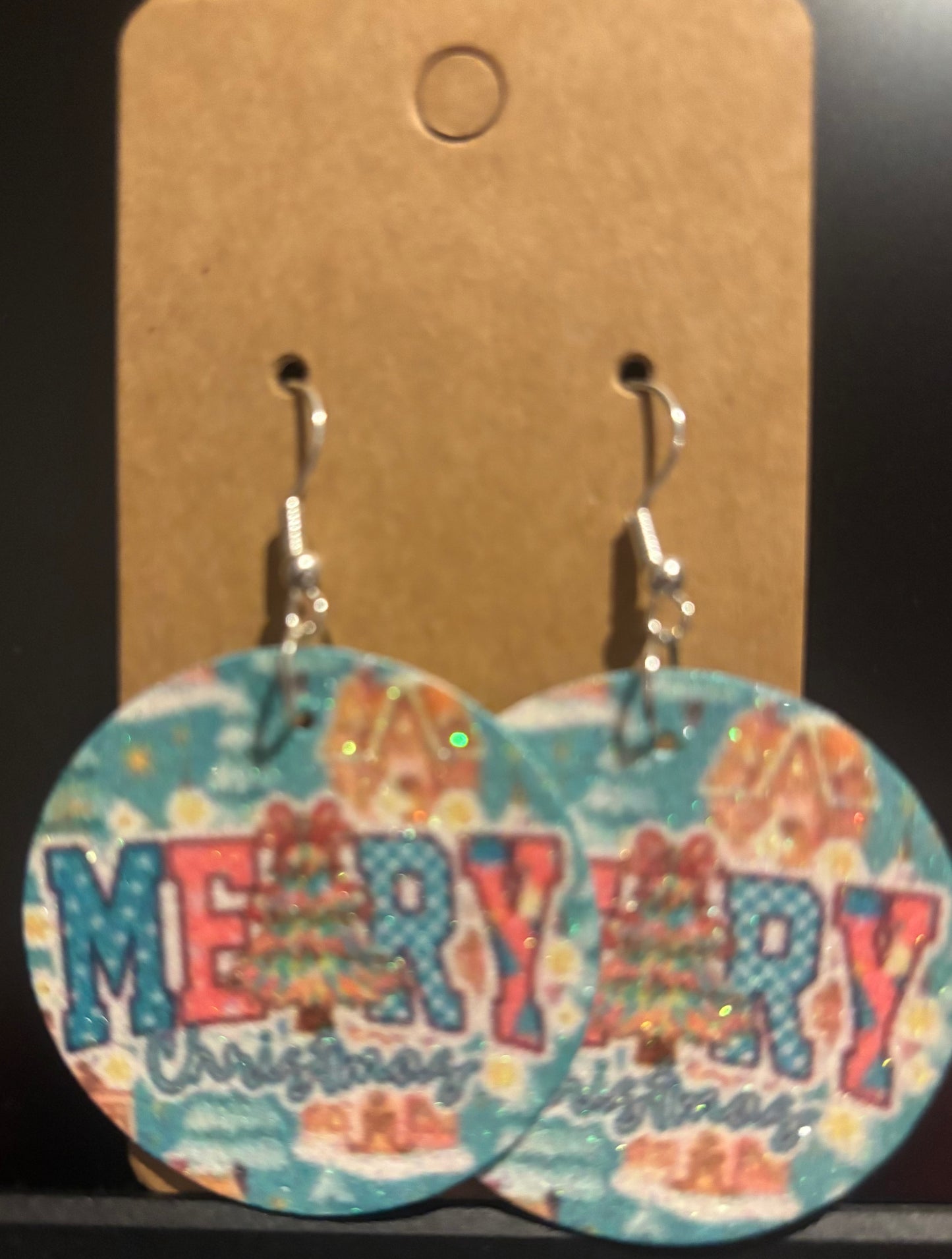 Earrings double sided faux leather round Merry Christmas