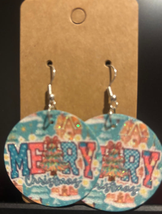 Earrings double sided faux leather round Merry Christmas
