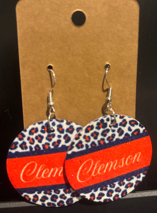 Earrings double sided faux leather round  clemson football