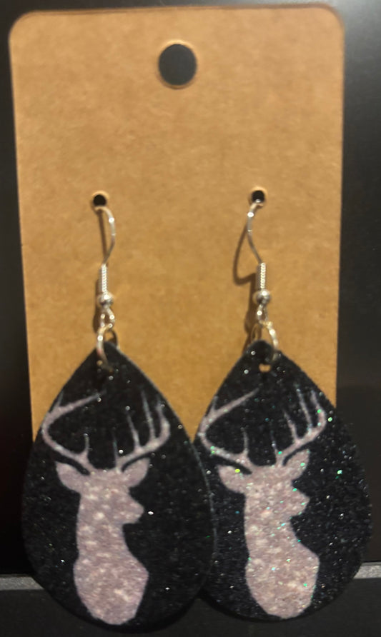 Earrings double sided faux leather tear drop black with silver deer head christmas