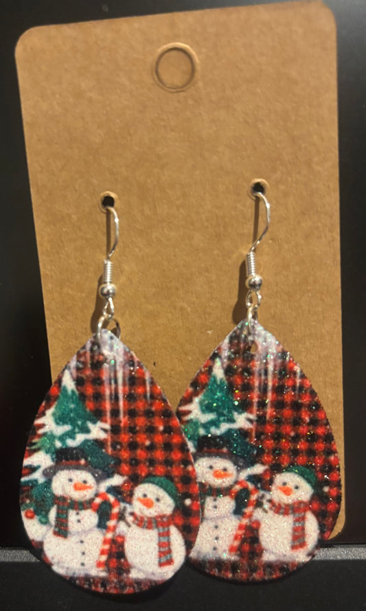 Earrings double sided faux leather tear drop Christmas snowmen