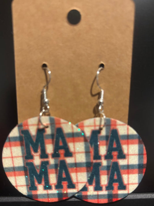 Earrings double sided faux leather round plaid MAMA