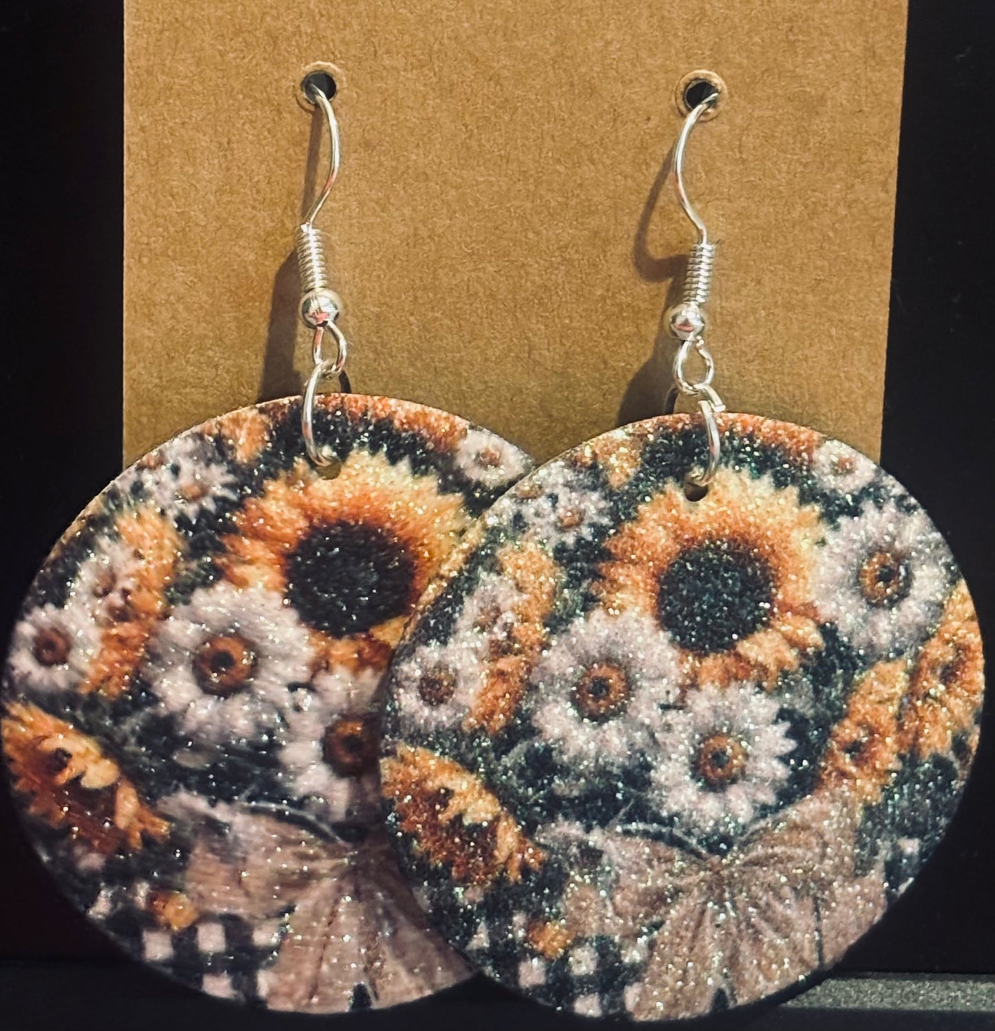 Sunflower  earrings double sided faux leather round