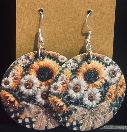 Sunflower  earrings double sided faux leather round