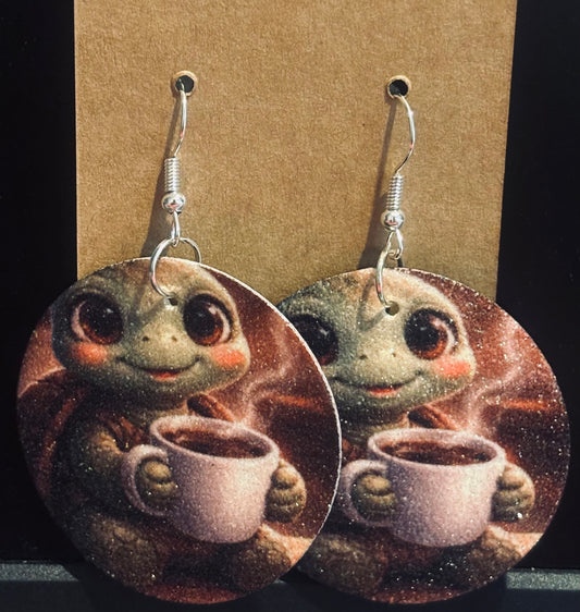 Turtle & Coffee earrings double sided faux leather round