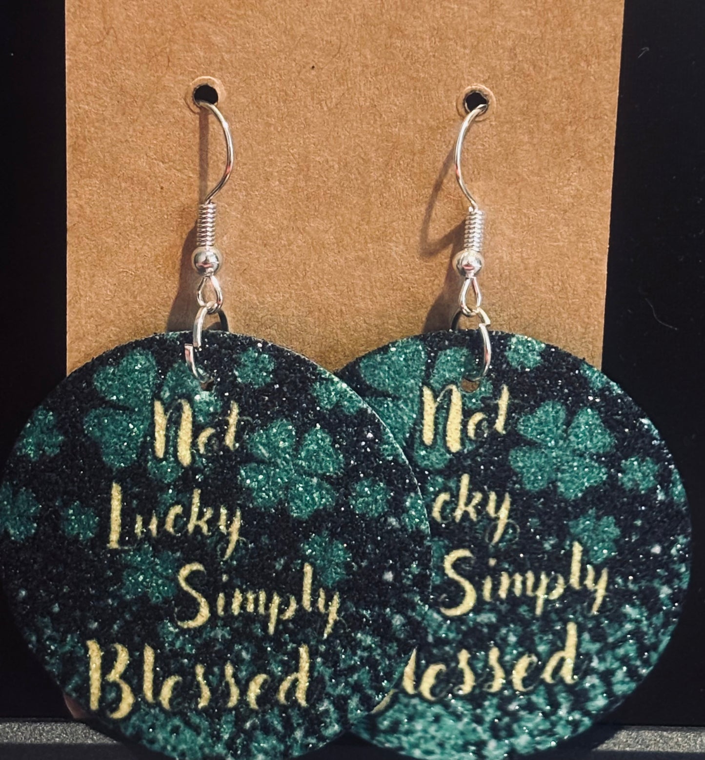 Not lucky simply blessed earrings double sided faux leather round