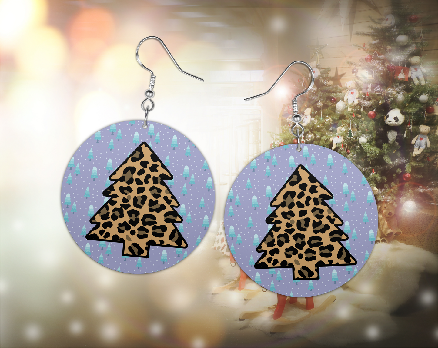 Earrings double sided faux leather round Leopard Christmas tree
