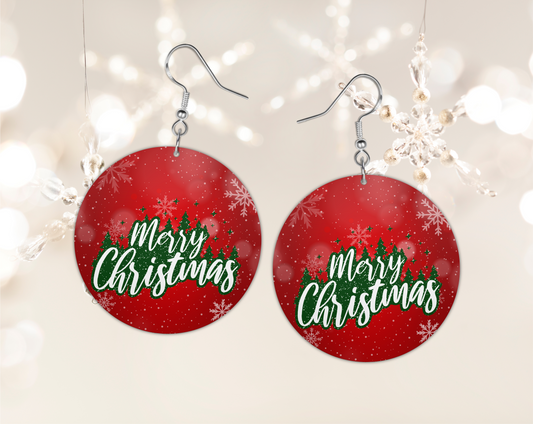 Earrings double sided faux leather round Red Merry Christmas