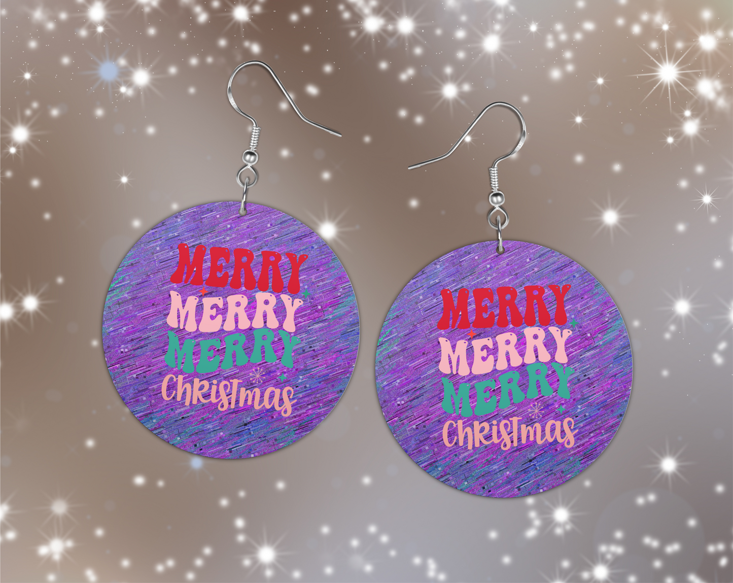 Earrings double sided faux leather round Merry Merry Merry Christmas