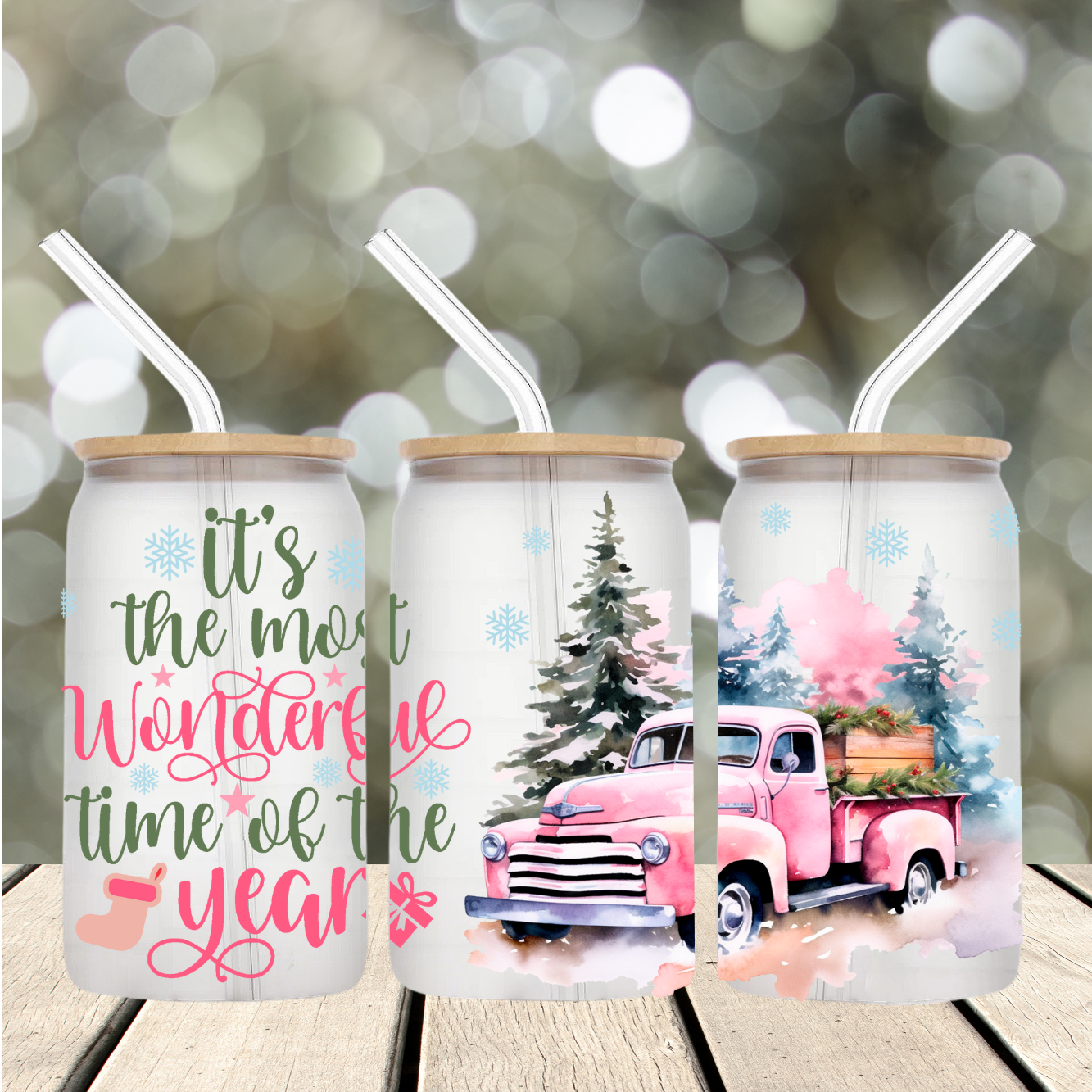 16oz Glass tumbler Christmas pink truck
