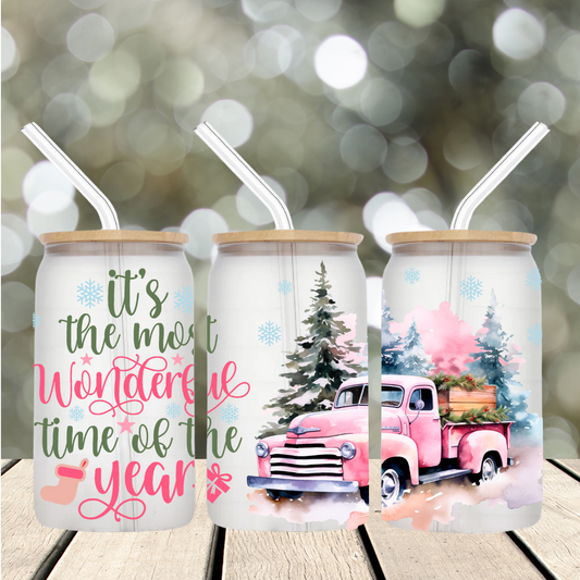 16oz Glass tumbler Christmas pink truck